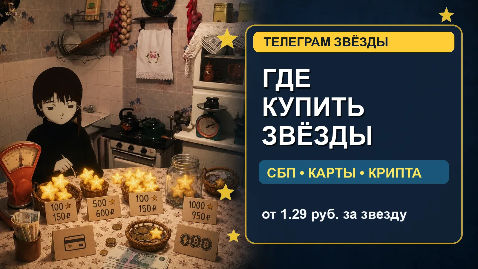 Мемная обложка к сравнению сервисов, где дешевле купить Telegram Stars через СБП, карты и крипту