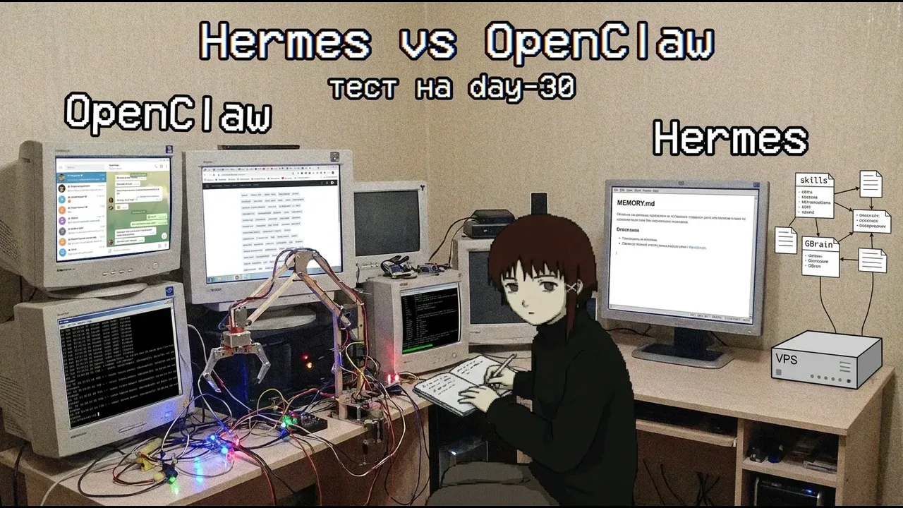 Мем-обложка Hermes vs OpenClaw про day-30 тест AI-агента
