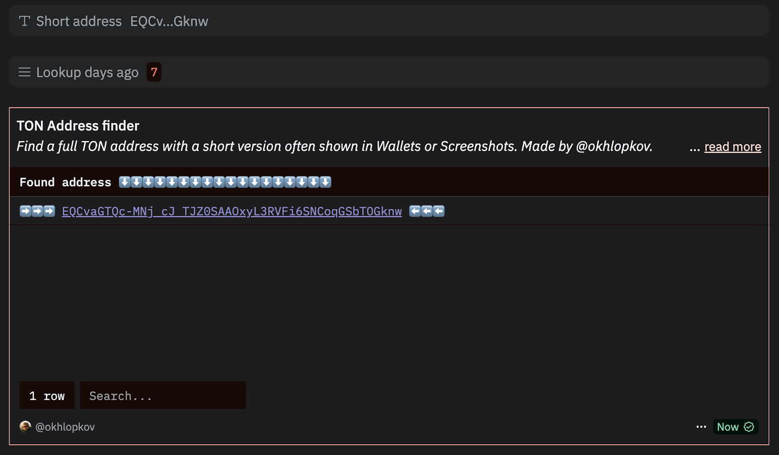Dune TON Address Finder returning a complete wallet address from its shortened form