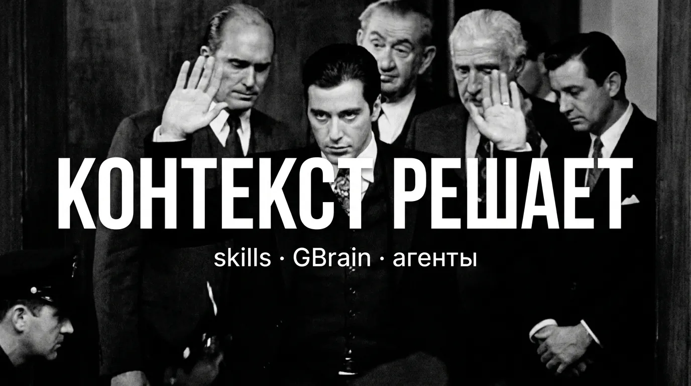 Мем-обложка про общий контекст, skills, GBrain и AI-агентов