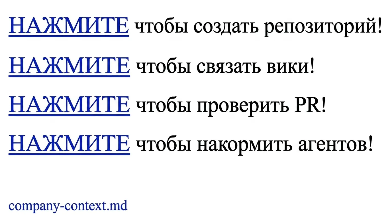 Мем про company-context репозиторий: markdown, wiki, PR и review для агентов