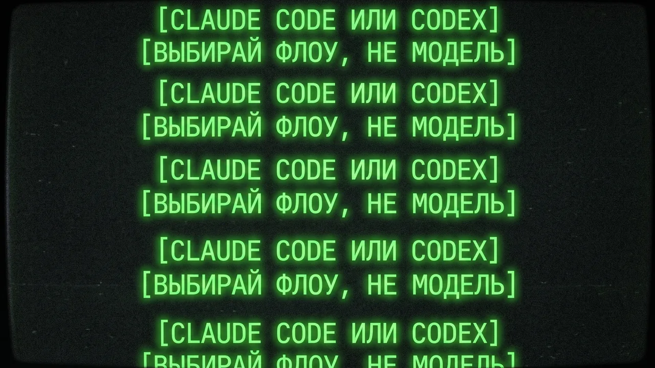 Мем-обложка в стиле terminal loop: Claude Code или Codex — выбирай флоу, не модель
